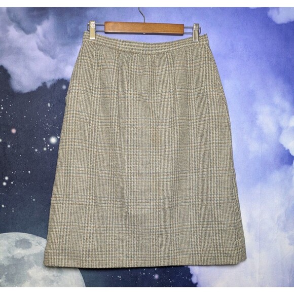 Vintage Wool Plaid A-Line Skirt Size 12 Brown Gray Academia Librarian Preppy - Picture 1 of 7